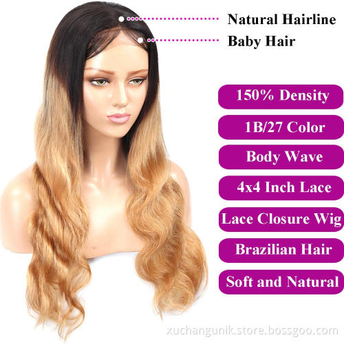 Uniky Wholesale 100% Human Hair None Lace Front Wigs Human Hair Ombre Wig 1B/4/27 for Black Women Body Wave Headband Wigs